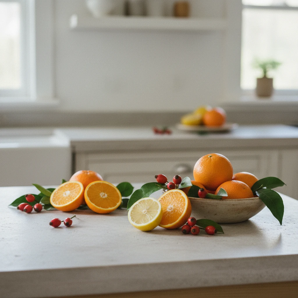 Verse citrusvruchten, kruiden en granen gerangschikt op een lichte stenen ondergrond